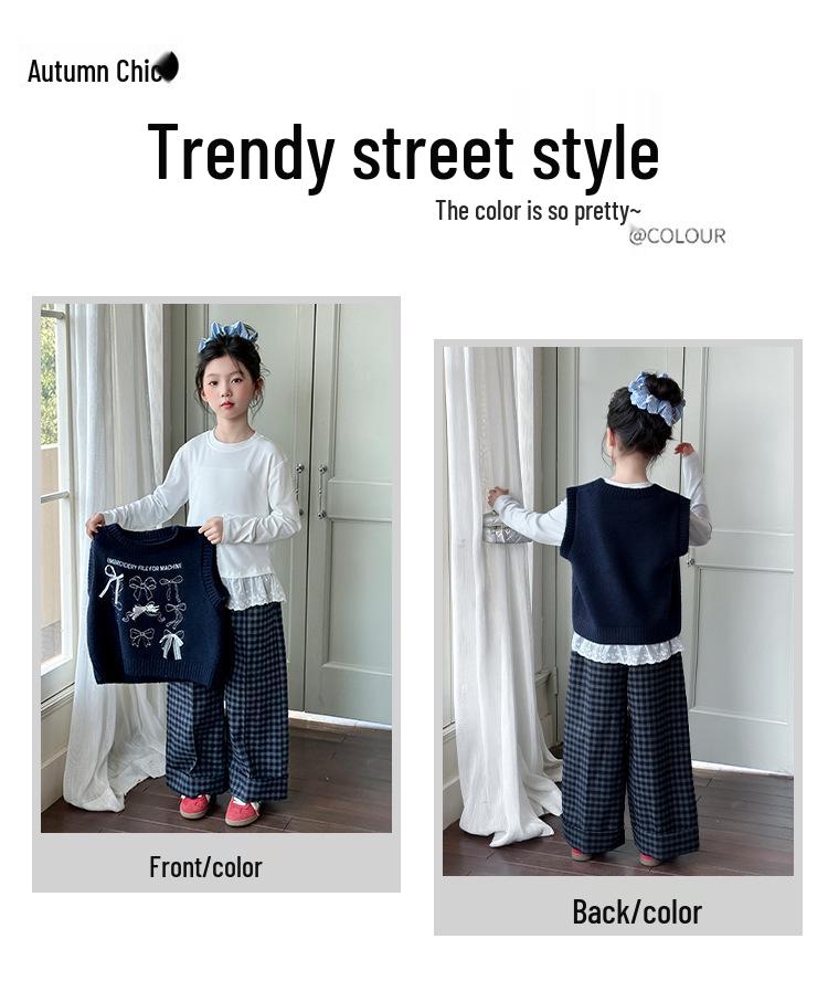 2025 Girls' Sweater Vest & Jeans Set - Spring/Autumn Knitwear for Big Girls and Middle School Students