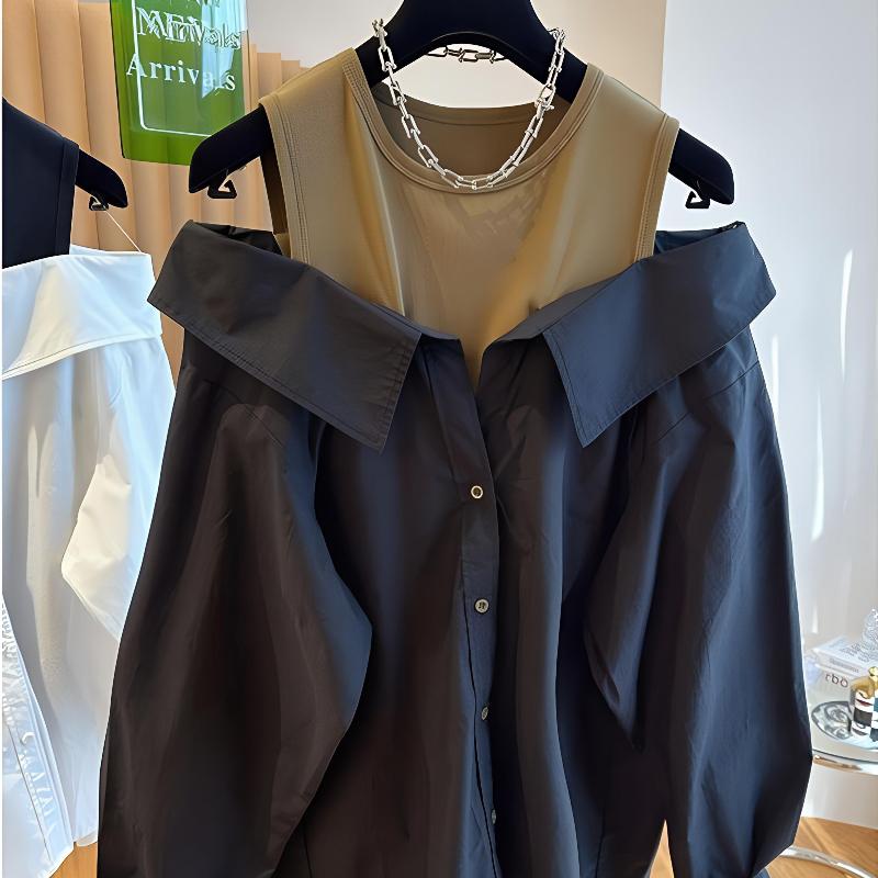 WTEMPO Autumn Off Shoulder Blouses for Women - Slim & Loose Spliced Long Sleeve Tank Top Shirt Round Neck Fashion Casual Tops