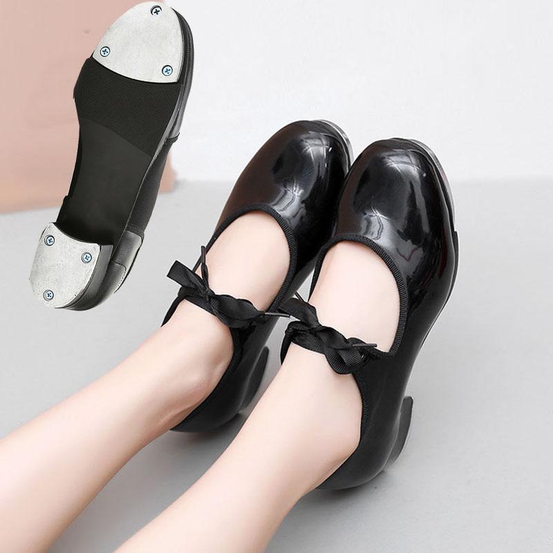 Scarpe da tip tap in vernice nera con suola dritta e lacci senza lacci per ragazzi e ragazze Scarpe da ballo con suola morbida da donna
