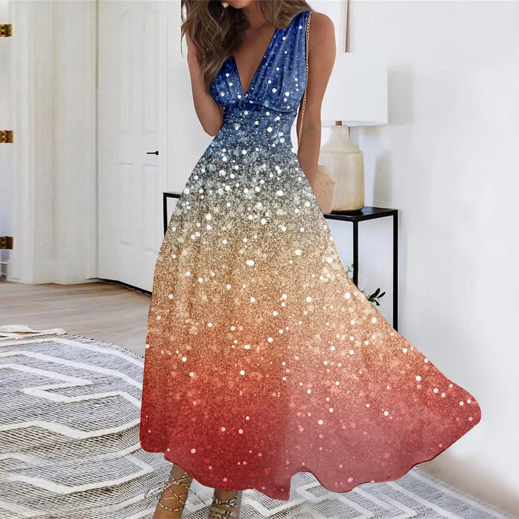 Sleeveless Maxi 4th of July Dress with Star Print Independence Day Dress for Women Casual Loose Fit Holiday Outfit