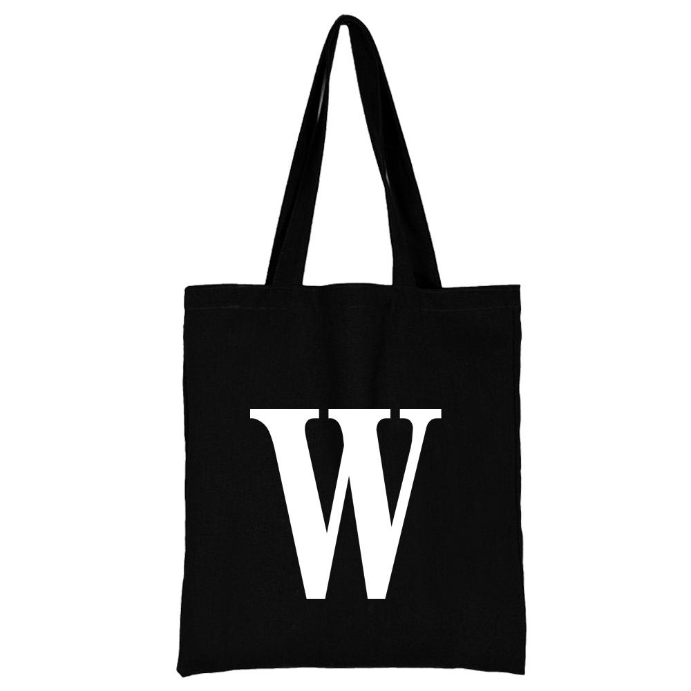 Women's Black Shopping Bag Casual Large-capacity White Letters Initial Name Pattern Printing Series Canvas Shoulder Bag Reusable