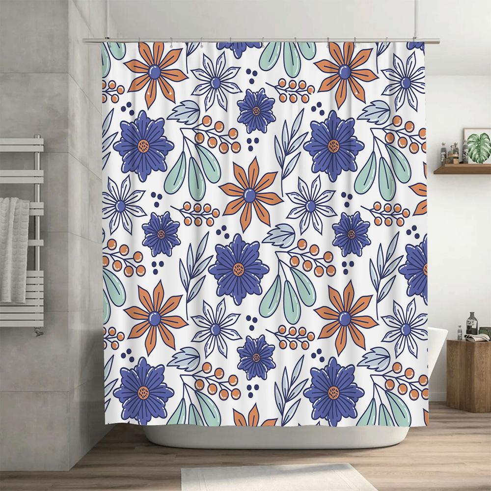 Artistic Blue Floral Shower Curtain with Green Accents for Bathroom Decor Polyester Fabric, Waterproof Bath Coverings, Size 180x