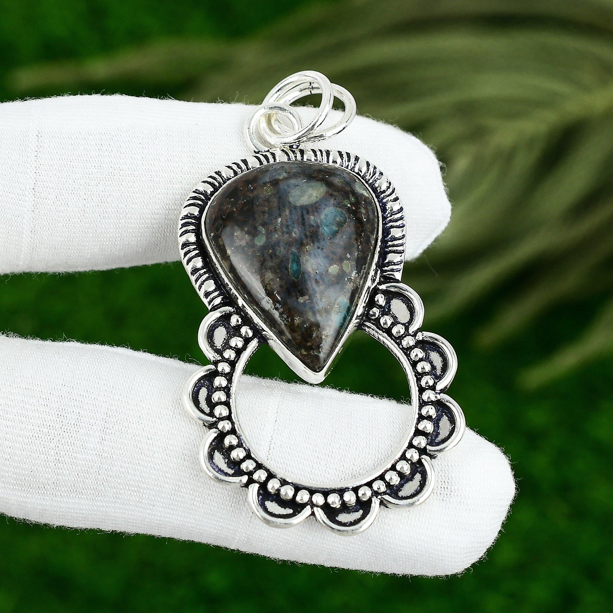 

925 Sterling Silver Pear Natural Copper Blue Slag Handmade Wife Pendant Jewelry