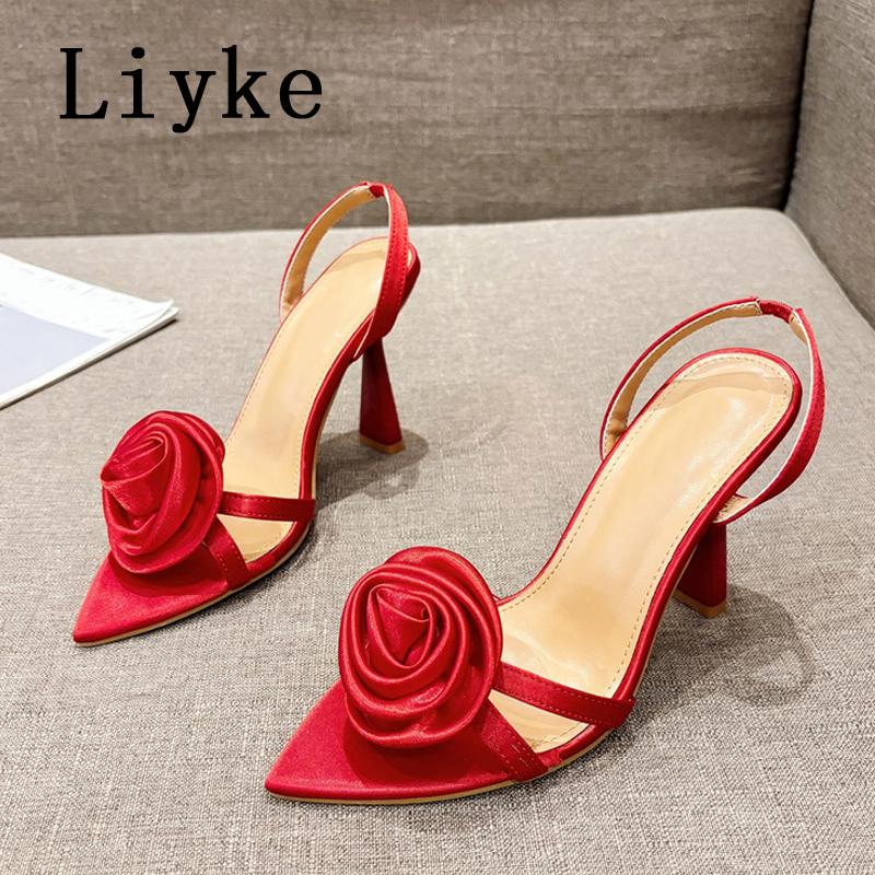 Fashion Liyke Sexy Slingback Sandals Women Summer Fashion Rose Flowers Pointed Open Toe Back Strap High Heels Party Dress Shoes Size 41