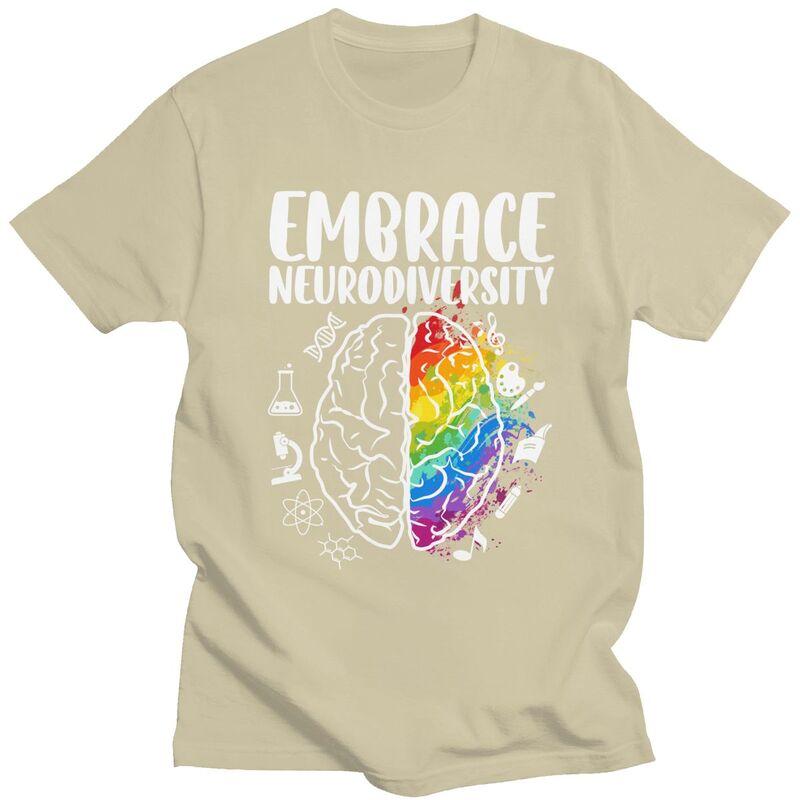 Embrace Neurodiversity Autism Awareness Colorful Brain TShirt Pure Cotton Tee Tops O Neck Tshirts Casual ShortSleeve Clothing