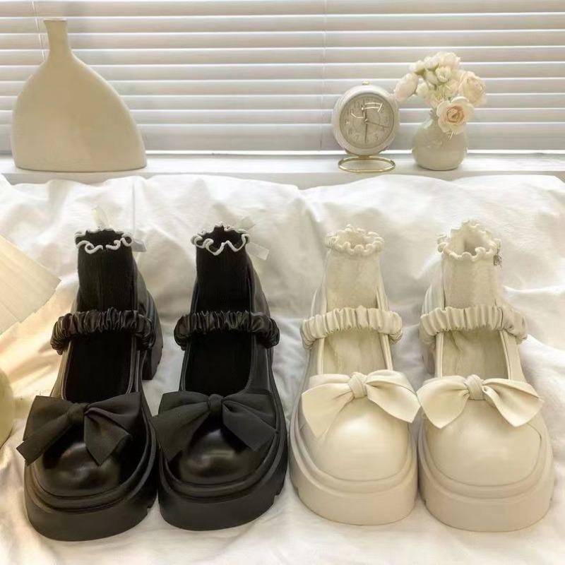 Fashion Japanese Style bowknot JK Thick Heel Mary Jane Women's Shoes Summer Vintage French Slip-On PU Leather Chunky Cosplay Pumps