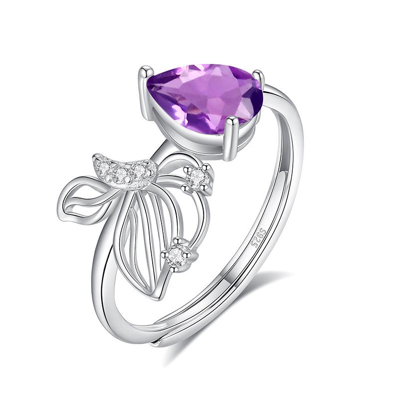 S925 Sterling Silver Butterfly Crystal Open Ring, Adjustable Natural Stone Band, Elegant Dainty Jewelry for Women, Daily Wear & Gift