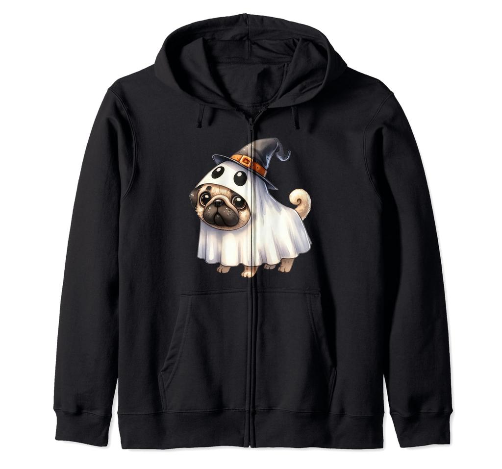 Pug Dog Halloween Costume Party Ghost Witch Hat Zip Hoodie