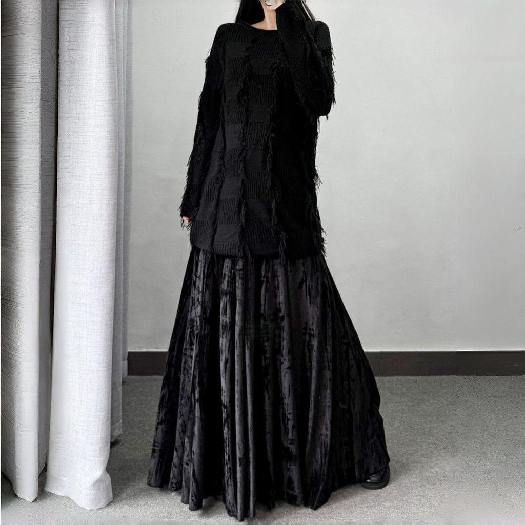 Chinese Style Velvet High-Waisted Ankle-Length Skirt for Autumn/Winter