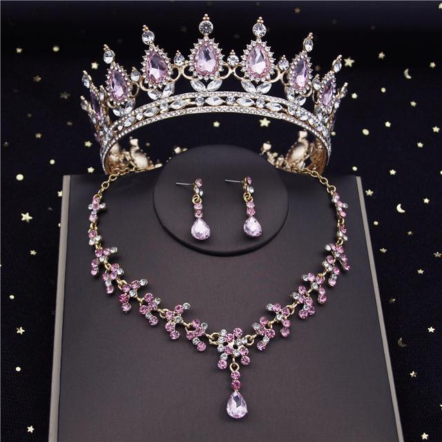 

Бароко Квітка Кристал Весільні набори ювелірних виробів для жінок Модні корони Діадеми Сережки Намисто Набір нареченої Дубайські ювелірні набори