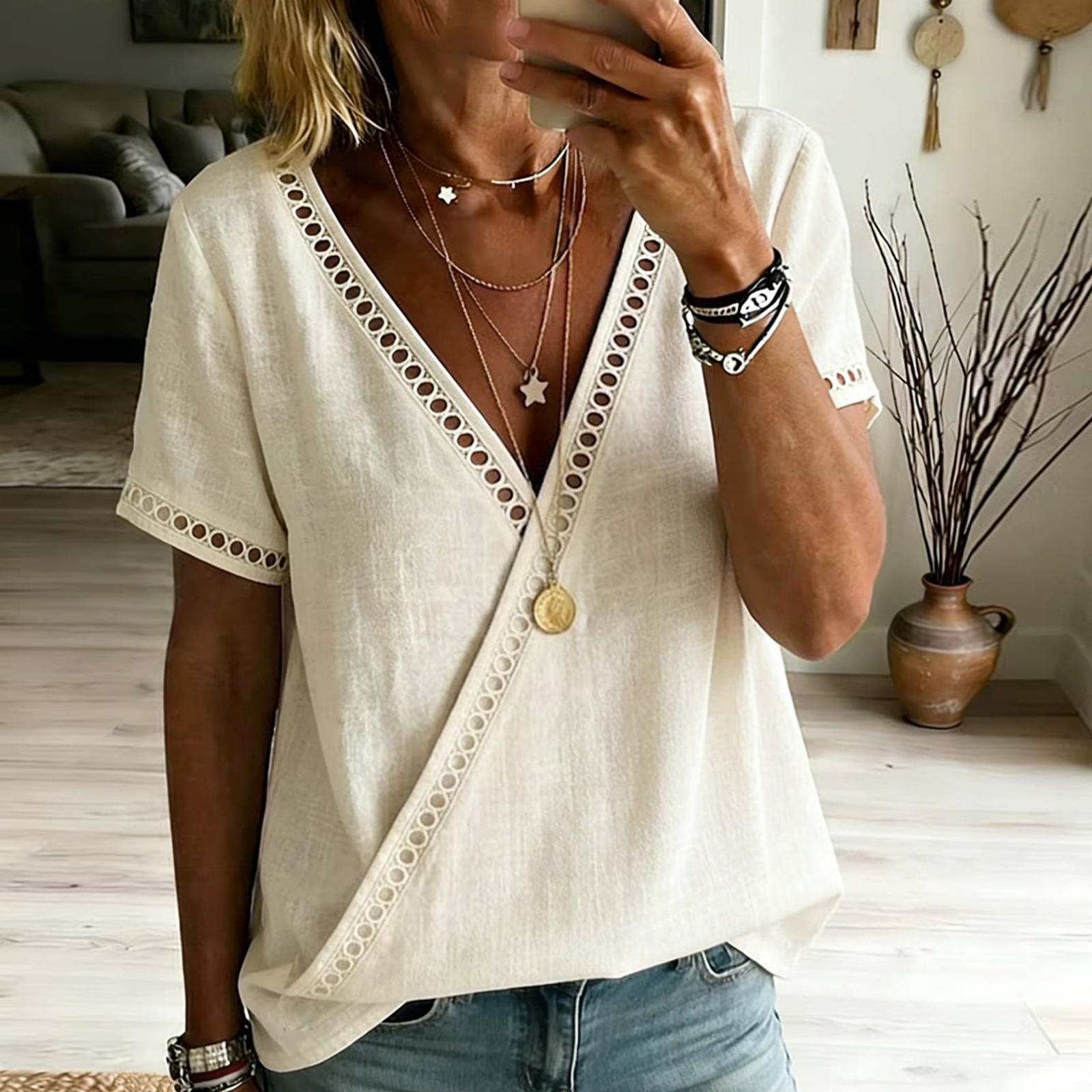 

Women s Summer Color Cotton And Linen Collar Short Sleeved Shirt XXL хаки