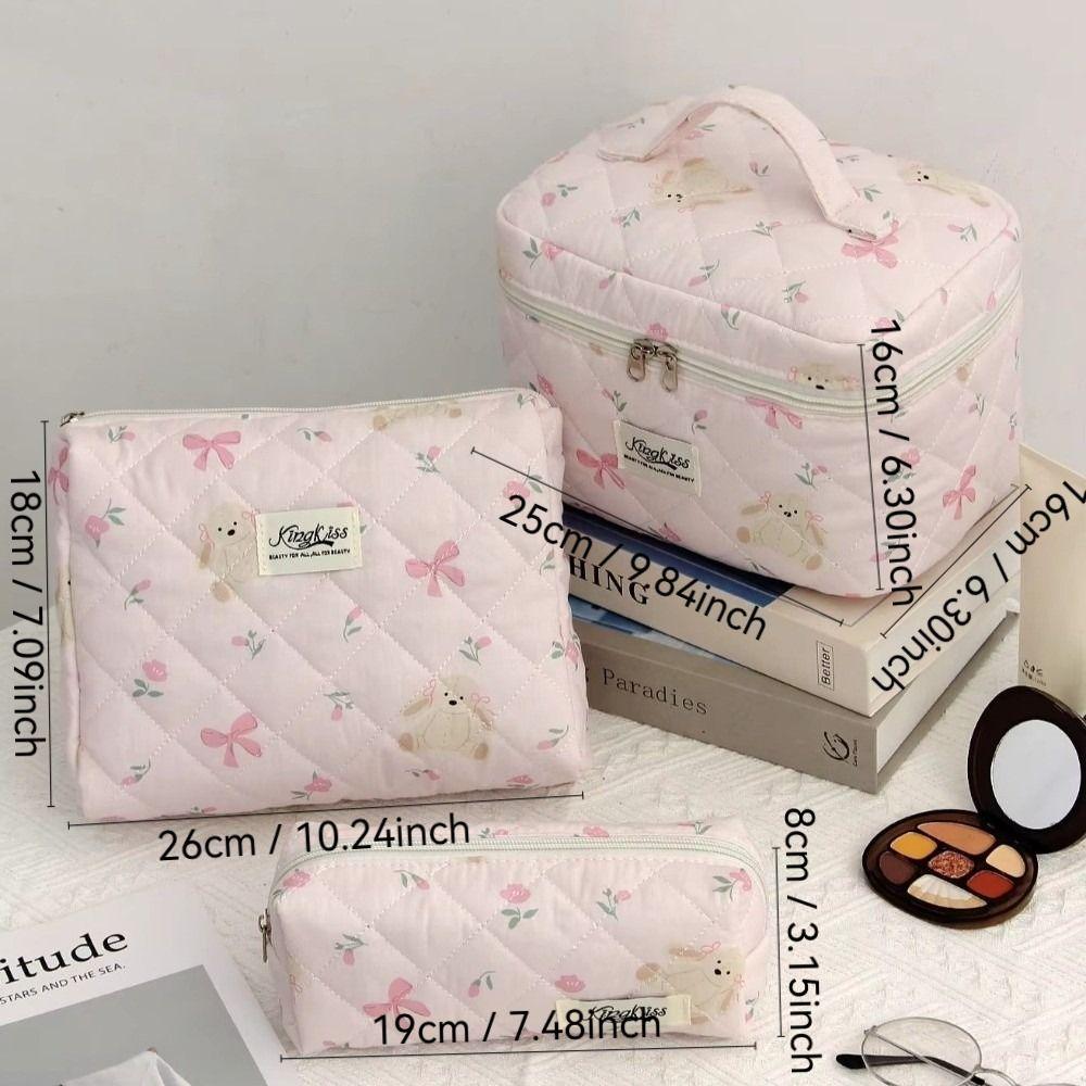 Fashion Bow Women Makeup Bag Large Capacity Multifunctional Cotton Quilted Zipper Bag Toiletries Handbag