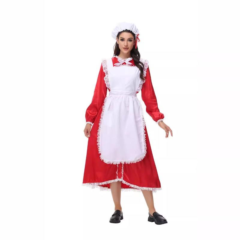 Halloween New Ladies Christmas Maid Dress Maid Play Dress Red Long Sleeve Dress