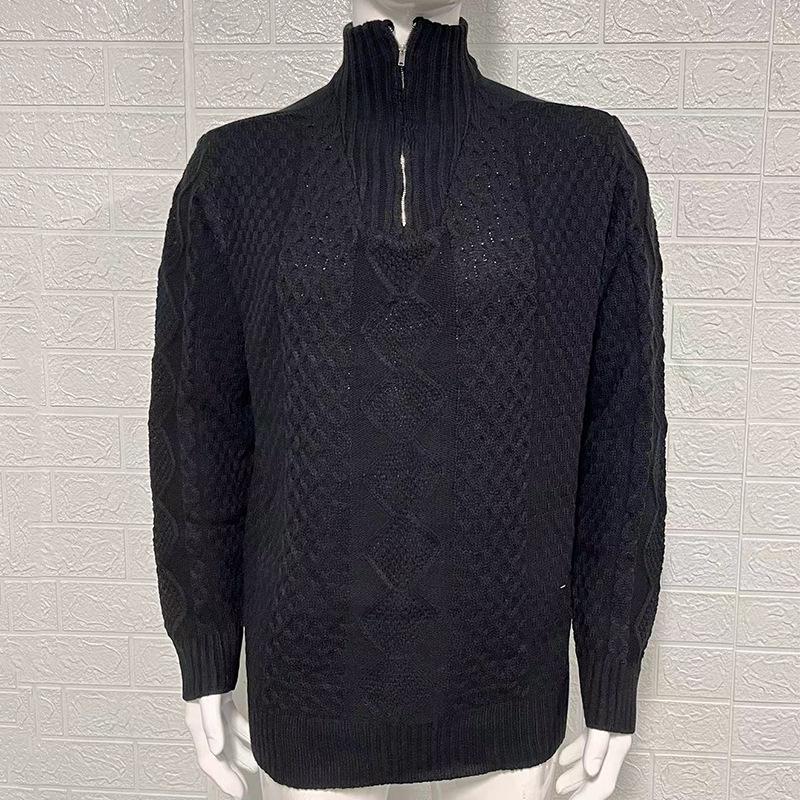 2025 Autumn/Winter Men's High Neck Zipper Cable Knit Sweater