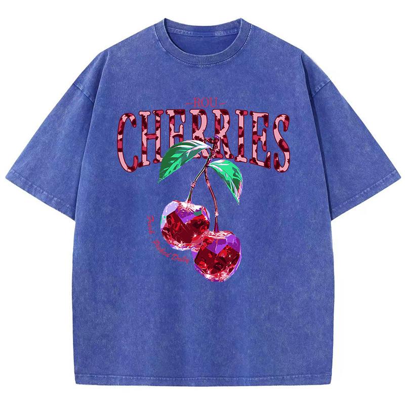 Crystal Cherries Washed TShirts Women Cotton Tees Fruit Letter Print Tops Oversize Distressed Short Sleeve Summer Woman Clothes