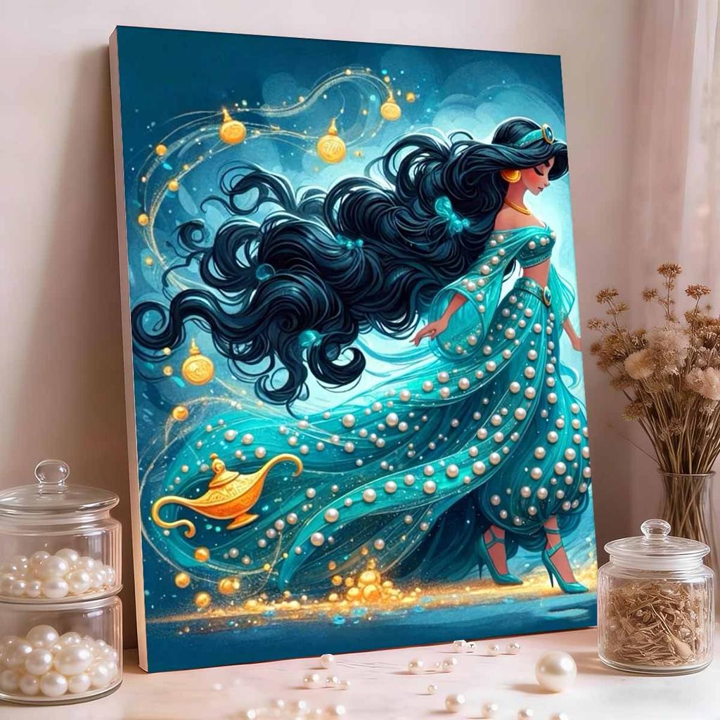 Classic Princess Jasmine Turquoise Pearl Dress Pearl Art Painting Aladdin Golden Magic Lamp Magic Light Belt Pearl Inlaid Frameless Craft Painting
