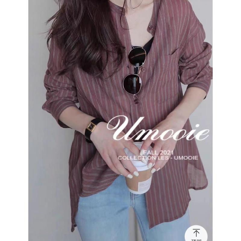 

Women s Red Brown Striped Oversized Shirt Casual Loose Button-Down Blouse Pocket Blouse S коричневий