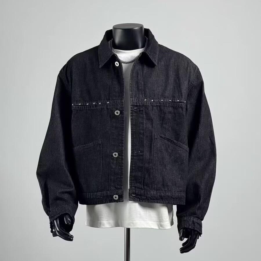 Pánská retro pracovní džínová bunda s nýty – volný střih, vypraná s límcem pro jaro a podzim.