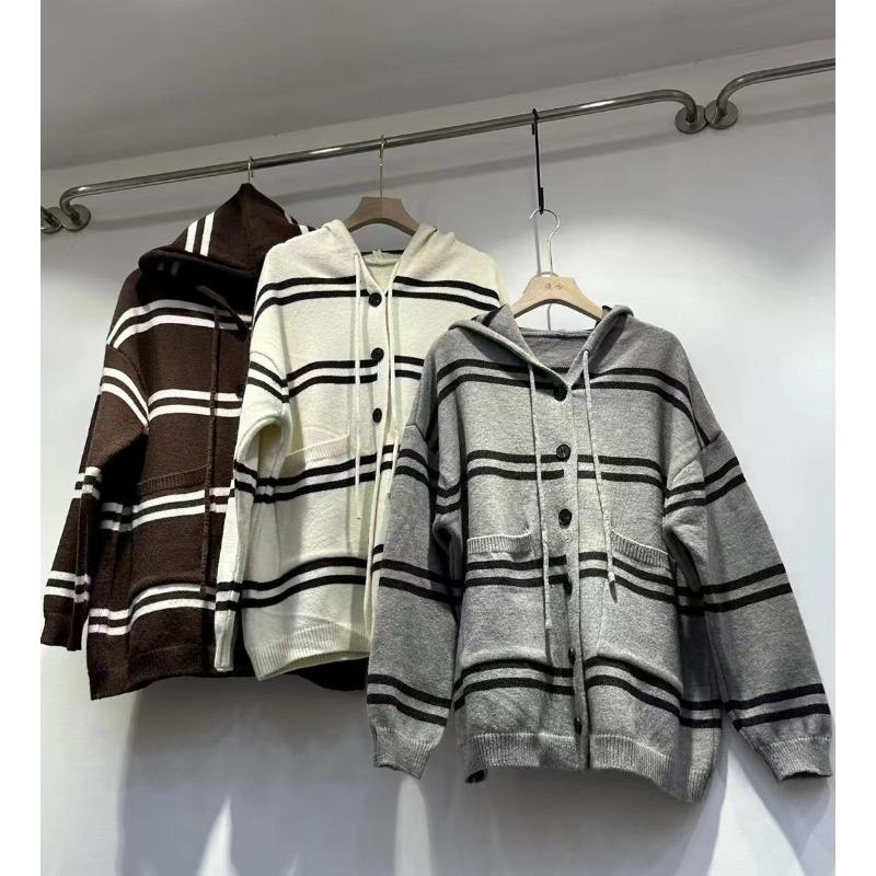 Hooded Striped Medium and Long Large Size Knitted Cardigan Women's Autumn and Winter Loose Lazy Wind Loose Soft Waxy Sweater Jacket Top