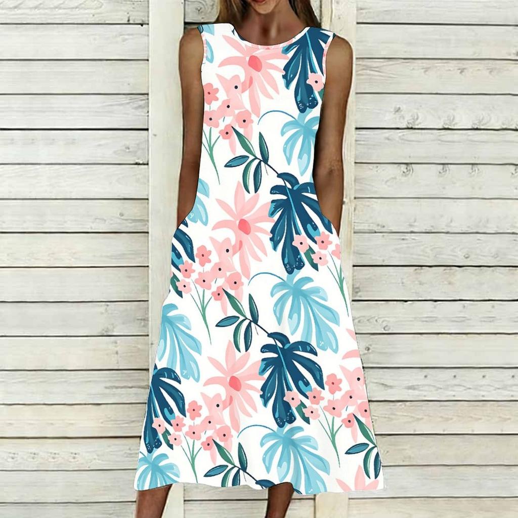 Women Plus Size Sleeveless Round Neck Dress Bright Tropical Flamingo Printed Loose Maxi Gown