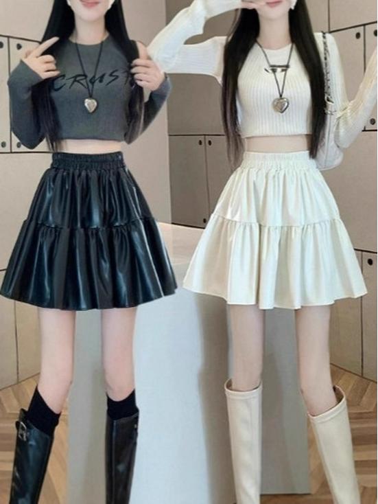 Melade Coffee Pleated PU Leather A-line Skirt with Anti-exposure Fluffy Design