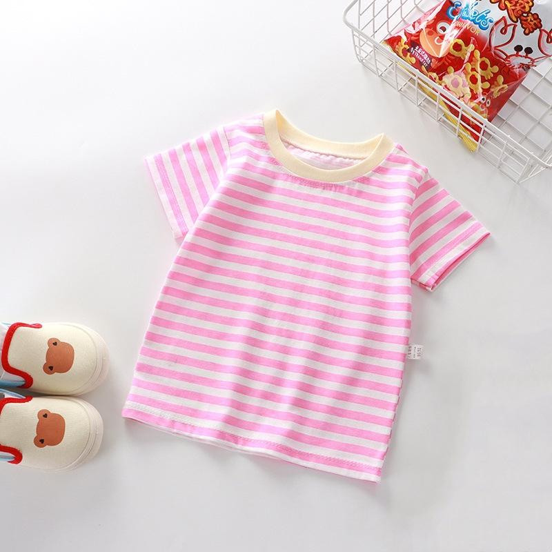 

Летние новые футболки в полоску для мальчиков и девочек, детская одежда, повседневные футболки с коротким рукавом и круглым вырезом из хлопка, футболки, детская одежда 110 розовый