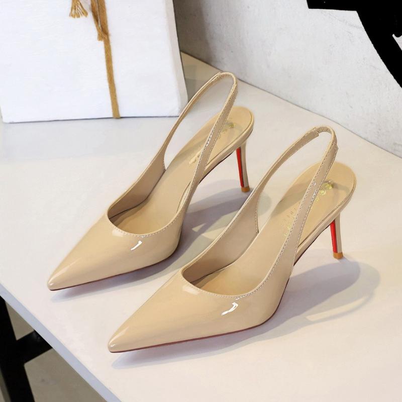 Fashion Pointed Toe High Heels Open Back Slip On Shoes Glossy Patent Leather Women Dress Pumps Low Cut Thin Heel