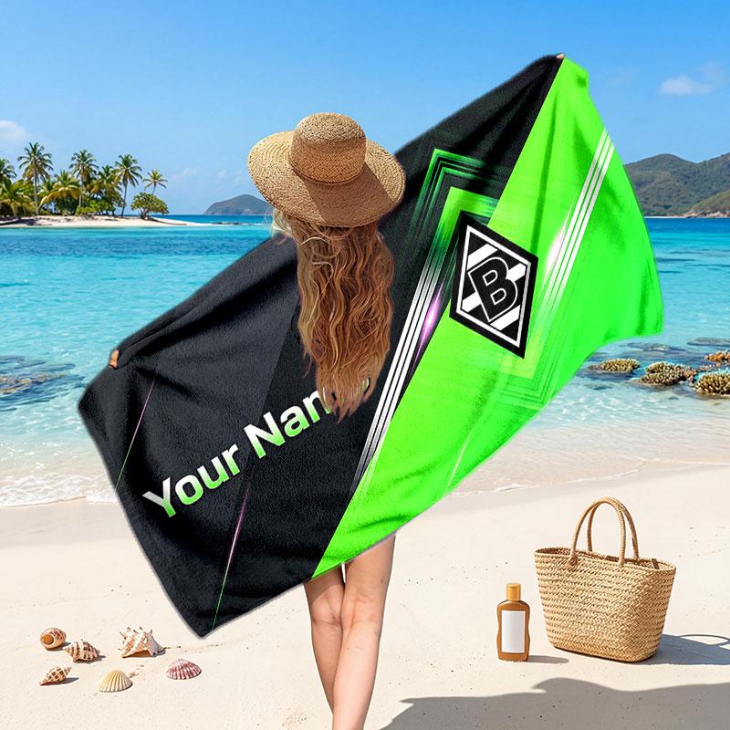 Borussia Mönchengladbach Custom Beach Towel, Personalized Name Text Print, Football Logo Soft Quick‑Dry Towel Holiday Gift