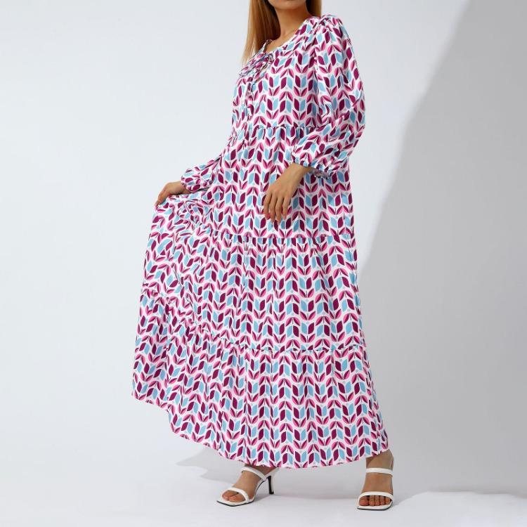 Maxi Dress Women European American Street Style Geometric Puff Sleeve