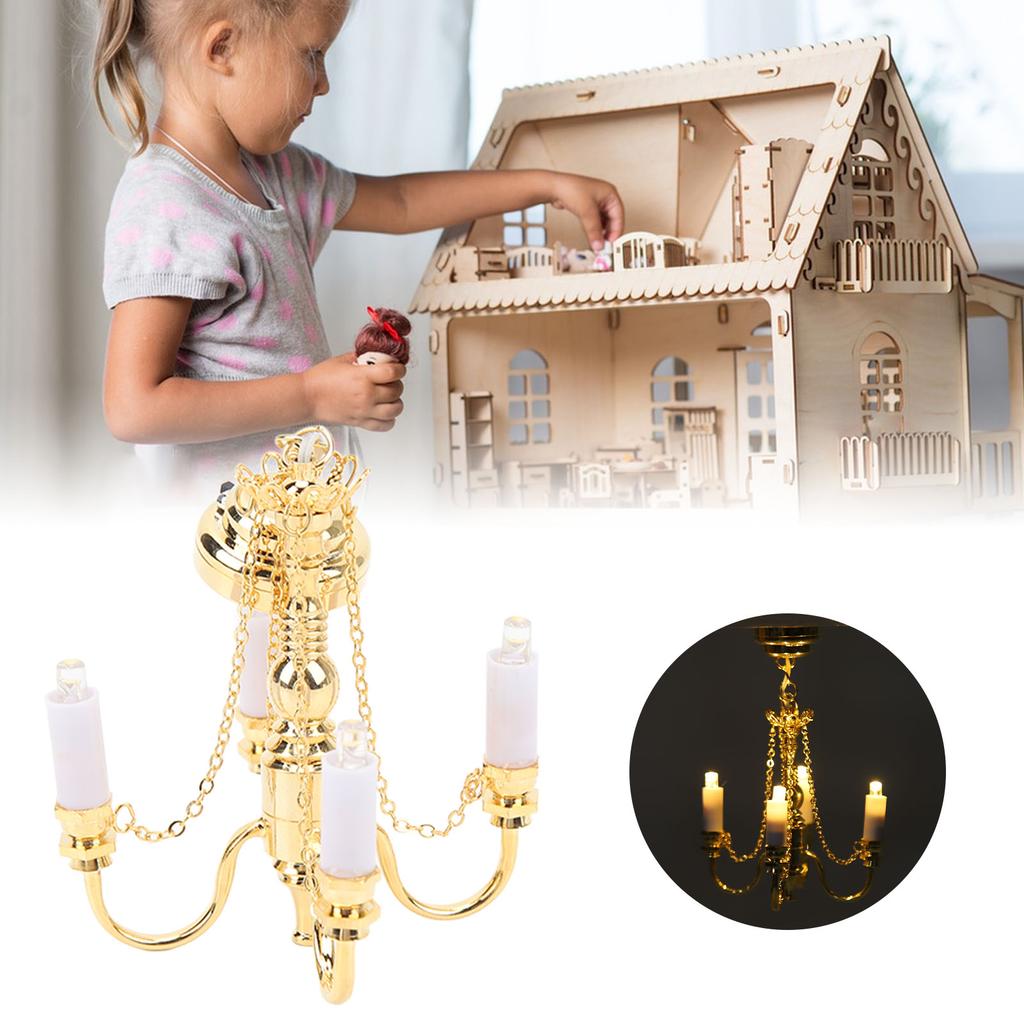 Puppenhaus Kronleuchter 1/12 Maßstab Batteriebetrieben Lebensecht 4 Köpfe Miniatur Deckenleuchte Gold