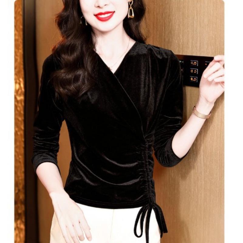 

Бархатная футболка с длинным рукавом и нестандартной основой для женщин на осень, новый модный топ для мам 3XL чёрный