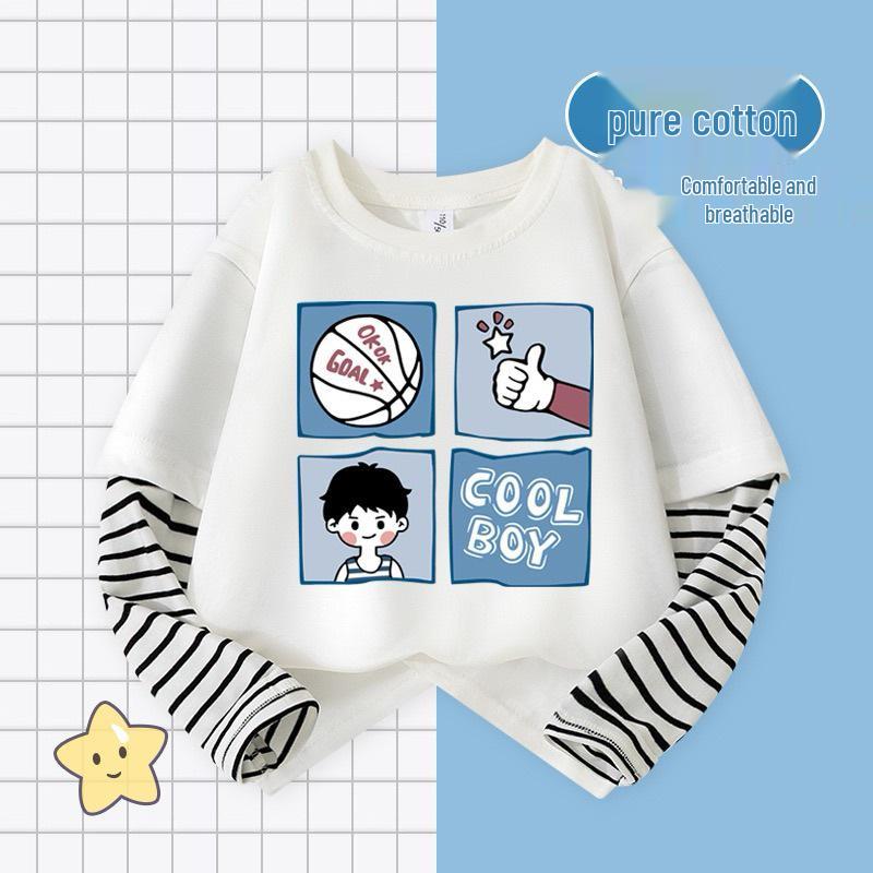 Boys' Cartoon Patchwork Long-Sleeve Striped Cotton T-Shirt
