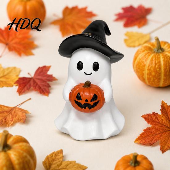 Spooky Table Centerpiece Halloween Ghost Figurine, Cute Resin Holding Pumpkin Unique Seasonal Ornament Statue for Desk Tabletop Indoor Home