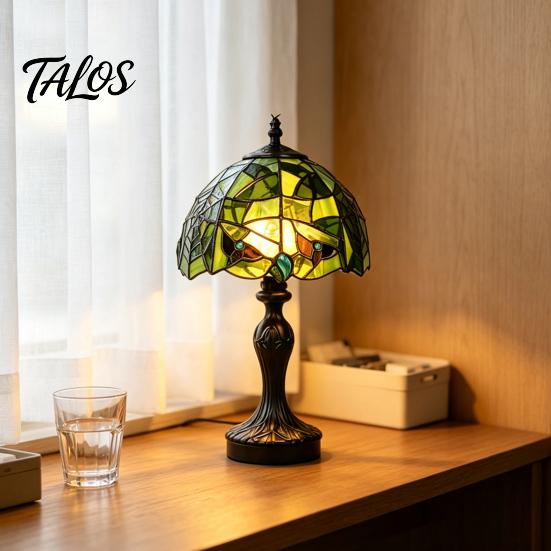 Vintage Banker Lamp for Office Retro Green Stained Glass Desk Lamp, Hand-Carved Resin Base Tiffany Style Decorative Lighting Bar Table Light