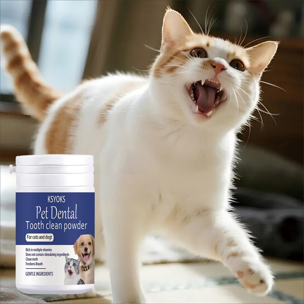 Pet tooth powder cleans teeth while refreshing breath, making interaction with furry children closer