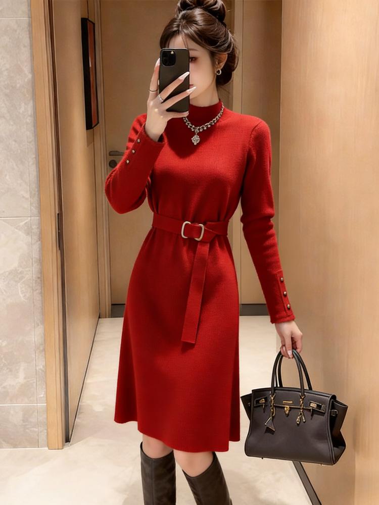 

Women s Autumn Winter Knit Sweater Dress with Coat Base Layer - Zodiac Red, Mid-Length Skirt XL