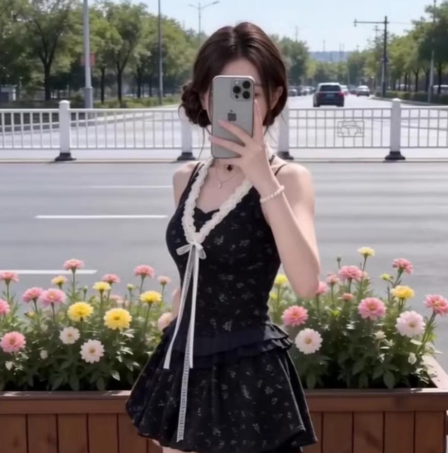 Holiday floral lace neck and waist dress women's summer new design pure desire wind Spice Girl short skirt