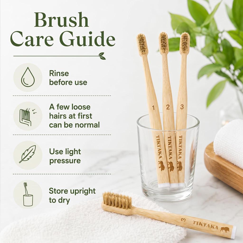 TIKITAKA FTG Boar Bristle Bamboo Toothbrush, Set of 6, Firm Natural Bristles, Curved Bamboo Handle, Self-Standing, Family Use, Adult Size