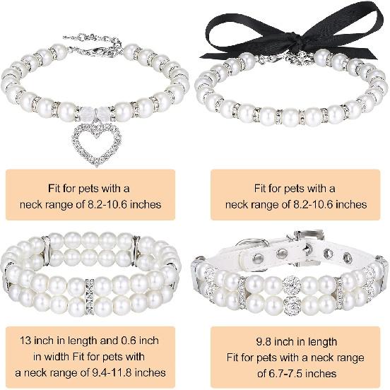 4 Pieces Dog Pearl Collars Pet Pearl Necklace Set Cat Pearl Neck Strap Crystal Rhinestones Pearls Charms for Small Dogs Cats Wedding Birthday Party