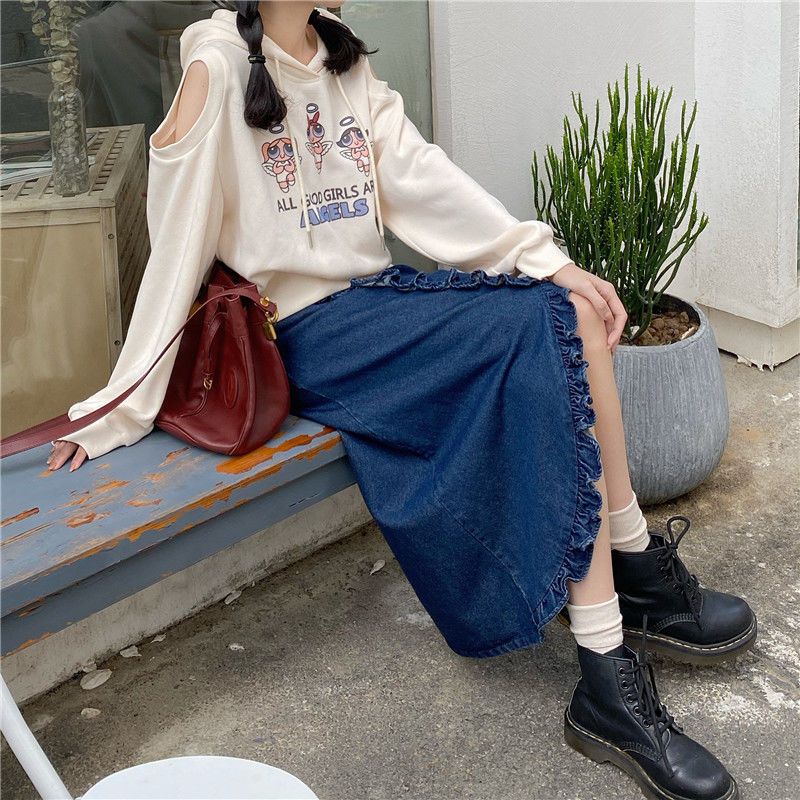 Spring and Autumn Academy Style Versatile High Waist Medium Length Half Length Skirt Design Sense Ruffle Irregular Denim Skirt for Women