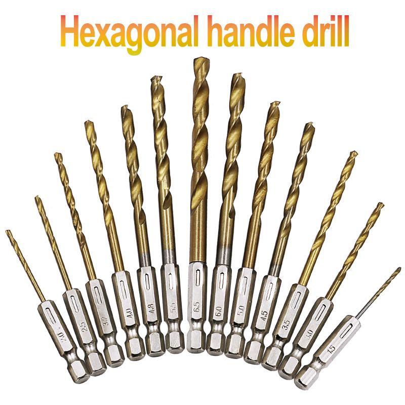 13Pcs Titanium Plated Twist Drill 1.5-6.5Mm Hexagonal Handle Electric Drill Driver Drilling Air Screwdriver Tool Accessories Set