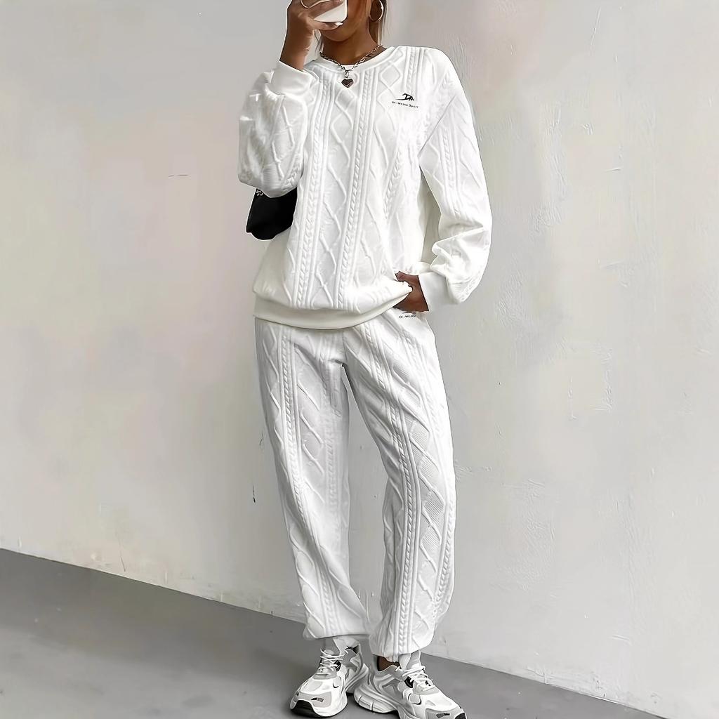 Women's Round Neck Long Sleeve Loose Cable Knit Two Piece Casual Tracksuit Elastic Waist Jogger Pants Matching Outfit