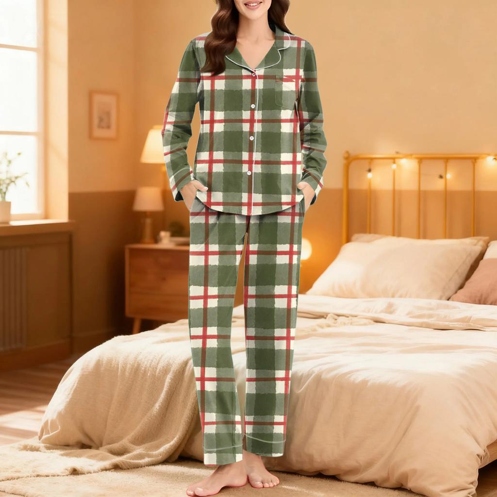 Women's Casual Fashion Plaid Patchwork Print Long-Sleeved Trousers Homewear Set