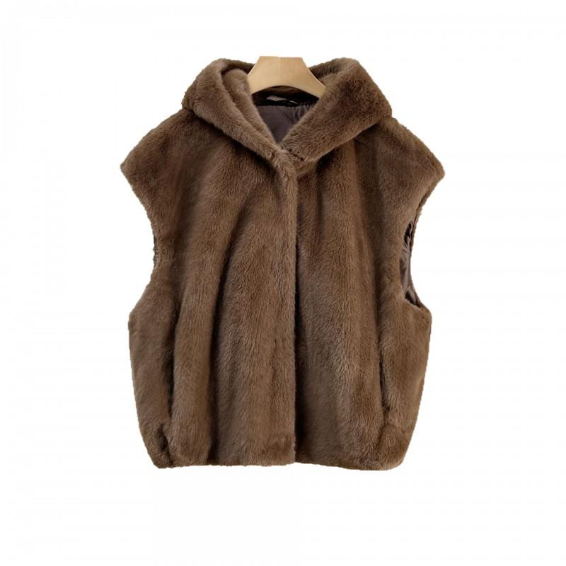 Nuovo Gilet con Cappuccio da Donna in Ecopelliccia Gilet Corto Monopetto Capospalla Casual