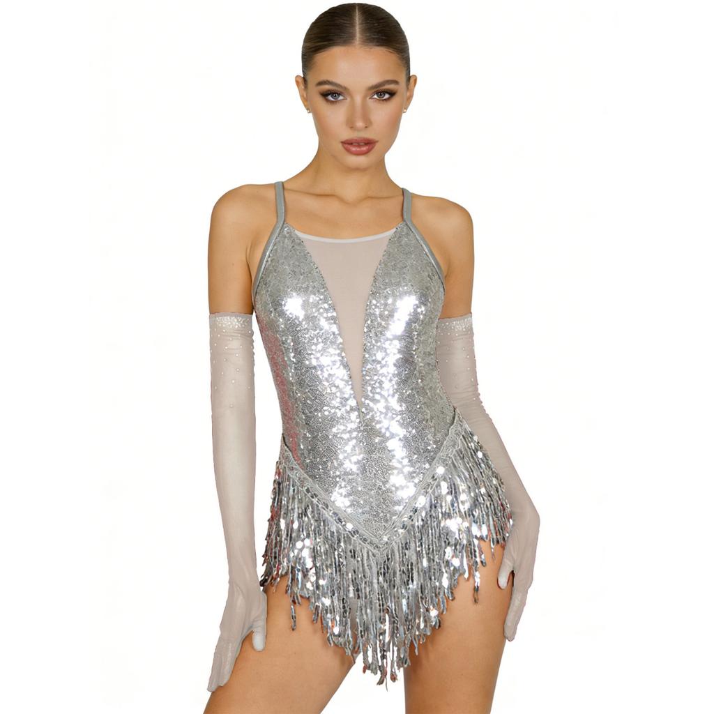 Ladies Latin Performance Leotard S-XXL Sequins Fringe Cross Back with 1 Pair Gloves for Tango Rumba Cha-Cha Samba Dance