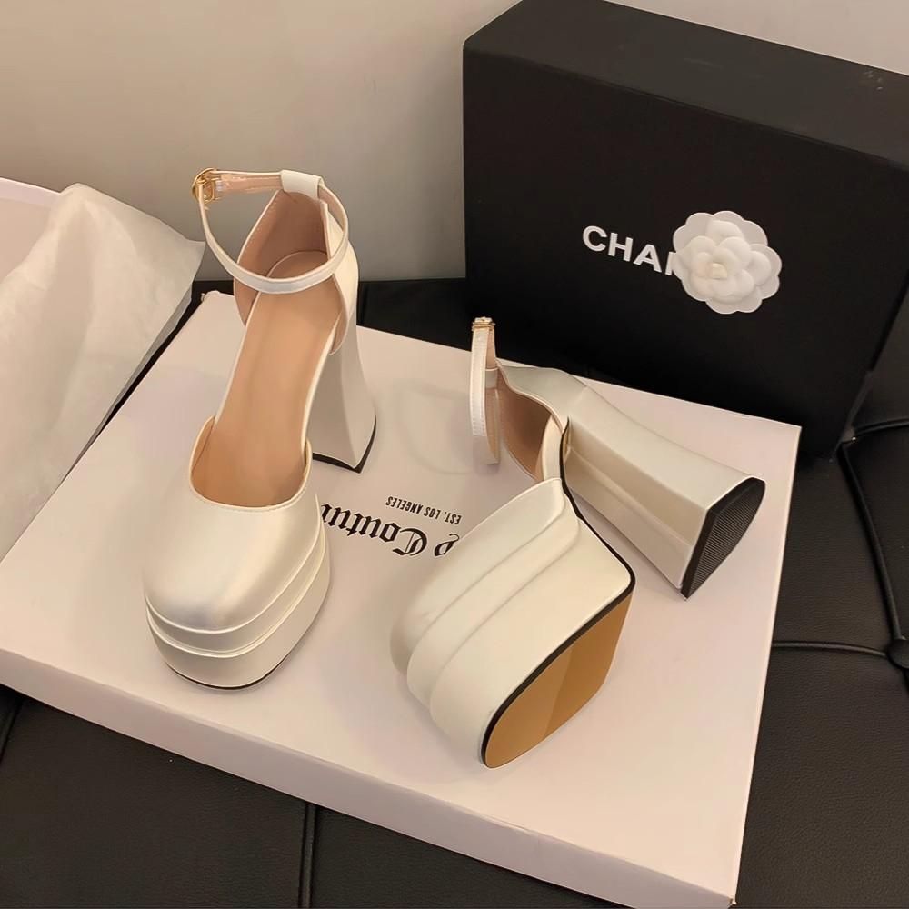 

Черные туфли на высоком толстом каблуке, которые не утомляют ноги, сатиновые водонепроницаемые на платформе, ретро Мэри Джейн женские туфли 42 белый