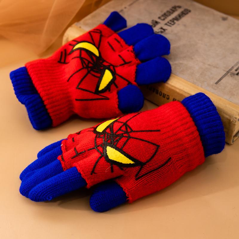 Children Spider Man Gloves Winter Warm Thickened Cycling Gloves Windproof Cold Weather Five Fingers with Cartoon Pattern