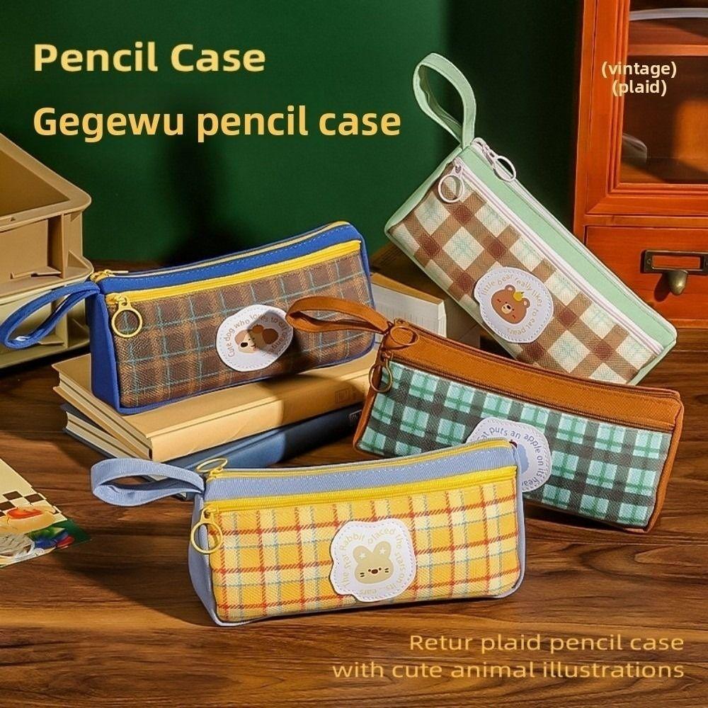Cloth Retro Grid Stationery Bag Grid Pattern Pencil Pouch Vintage Plaid Pen Bag Office