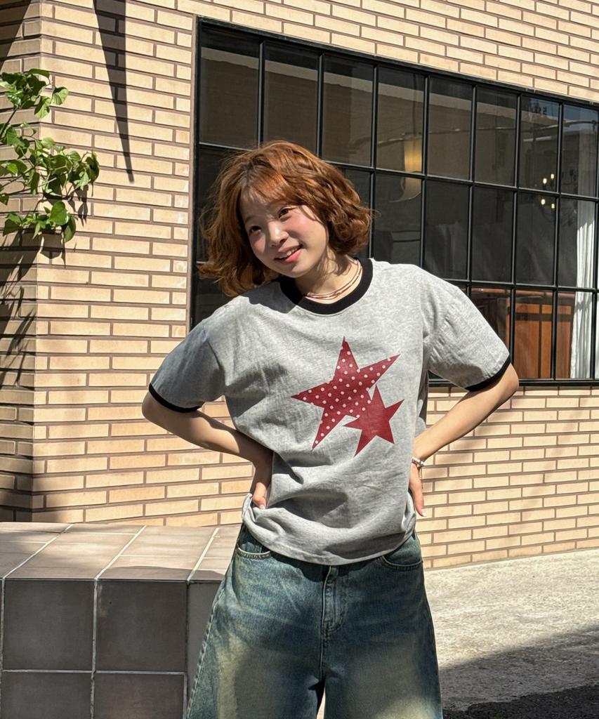 AMOU Two Star Ringer T-Shirts Gray