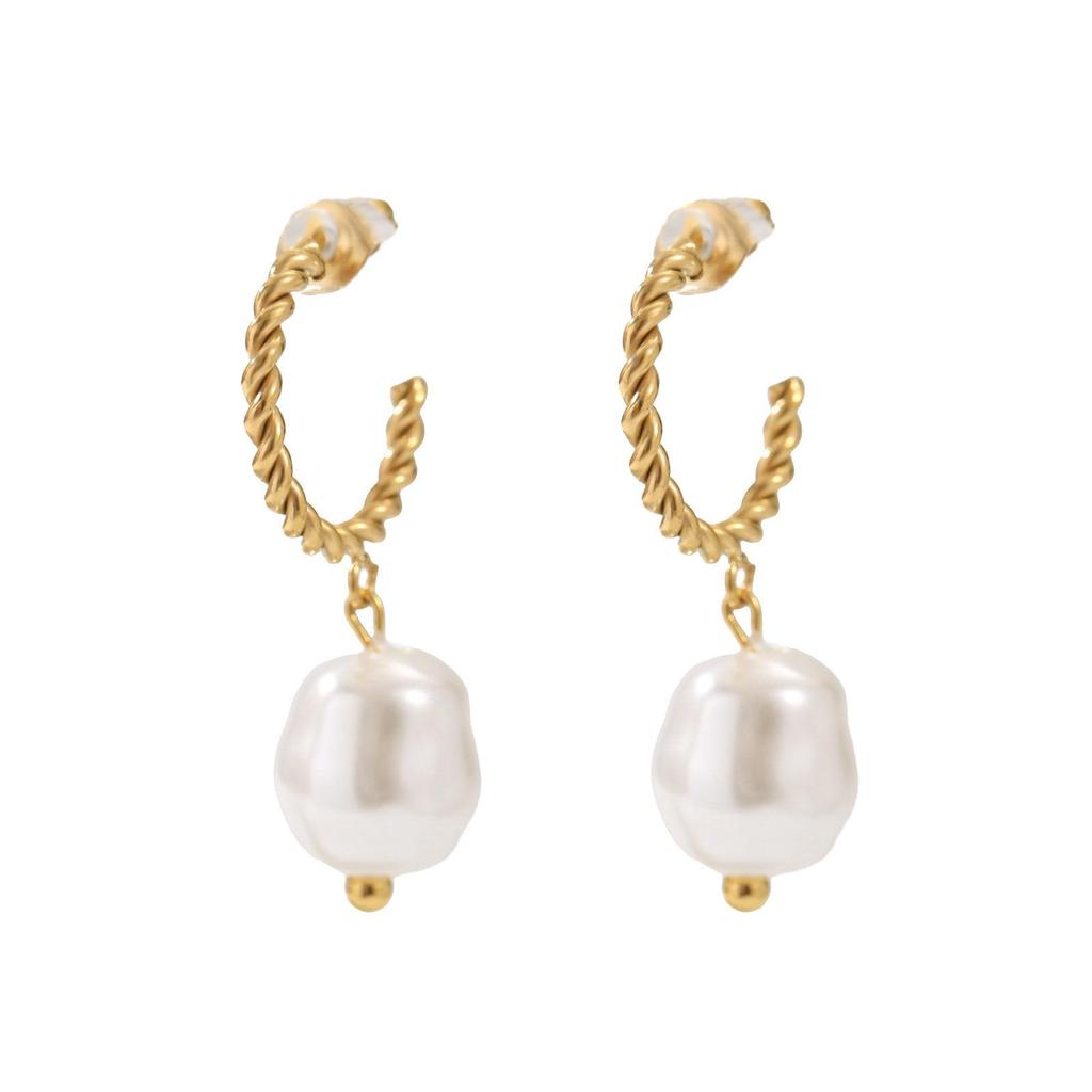 304 Stainless Steel Twisted Hoop Baroque Faux Pearl Dangle Earrings for Women